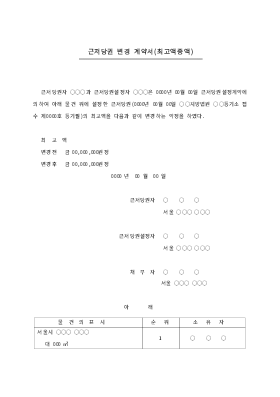 근저당권 변경계약서(최고액 증액)